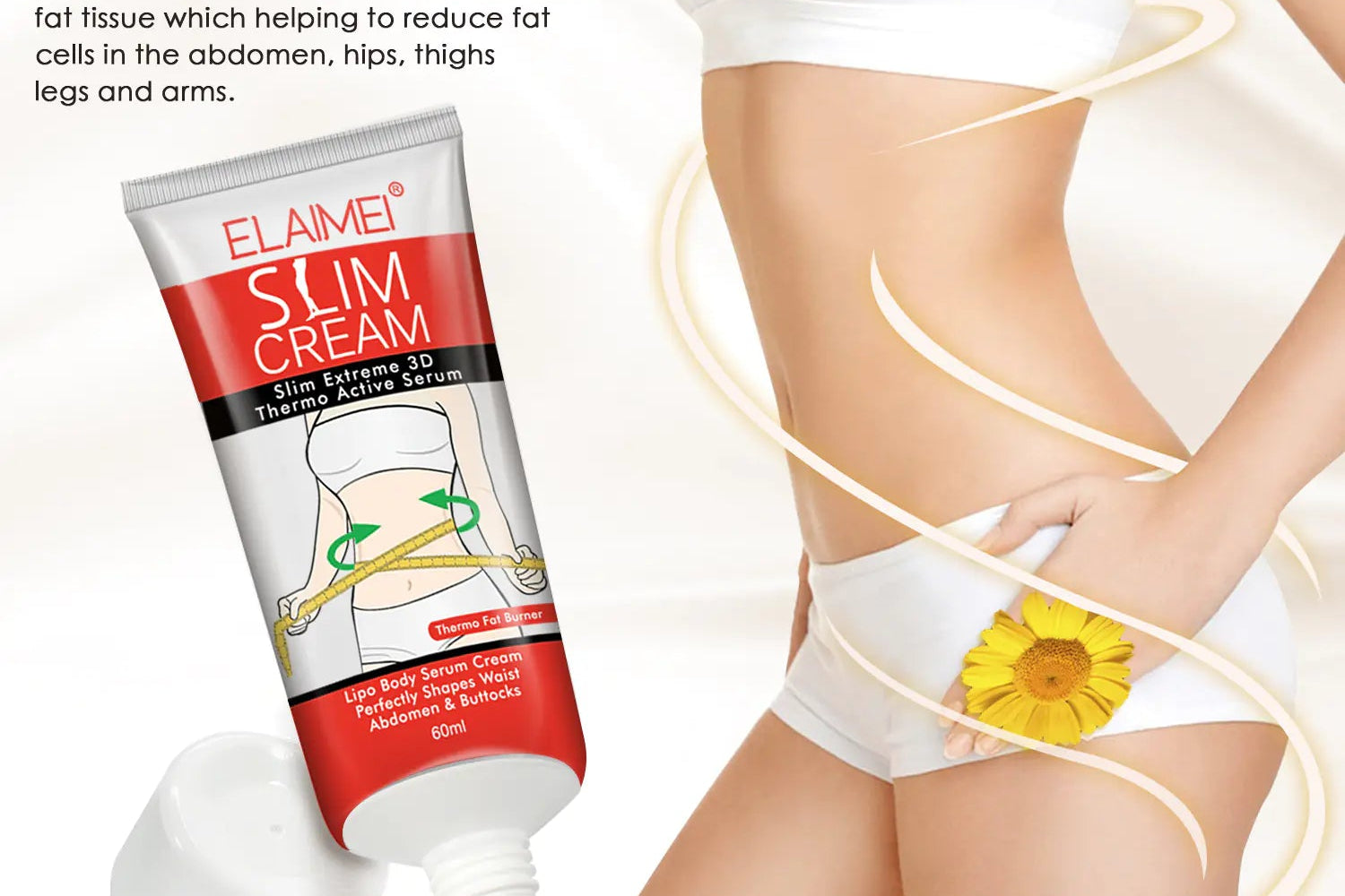 Elaimi Slim Cream tube with a woman applying it on her leg against a white background